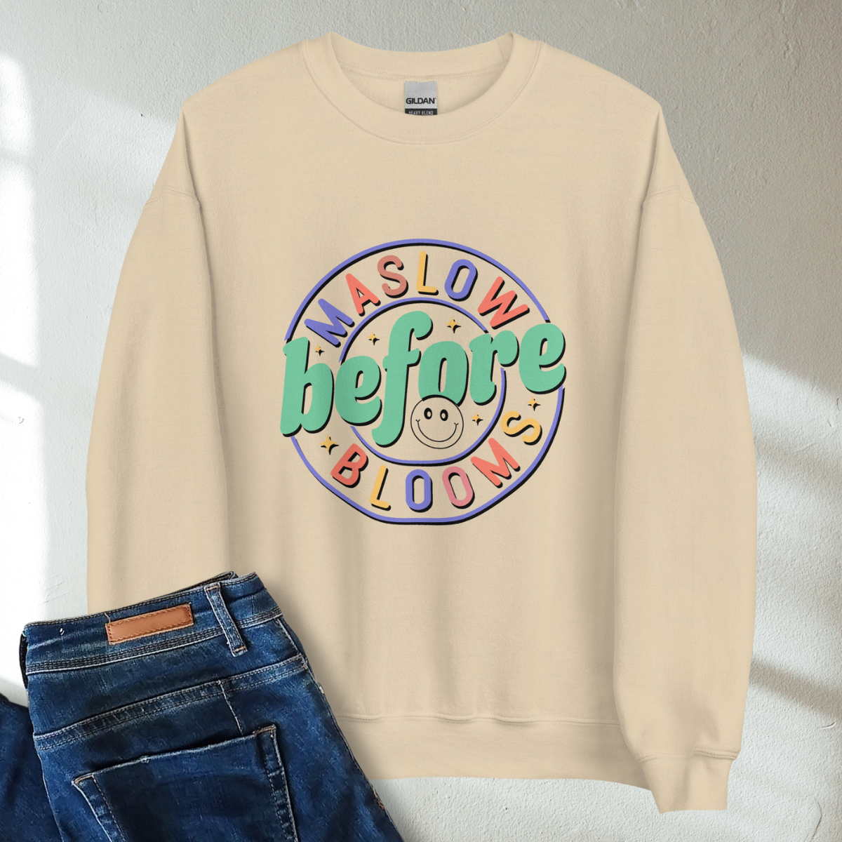 Maslow Before Blooms Retro Mental Health Awareness Crew Neck Sweatshirt - Cozy & Inspirational