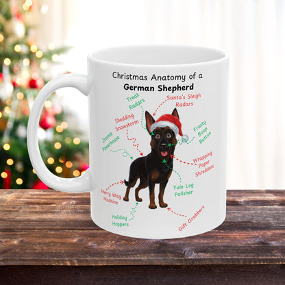 German Shepherd (Bi-Color) Personalized Christmas Dog Anatomy Mug, Funny Holiday Gift for Dog Lovers, Festive Dog Breed Coffee Cup