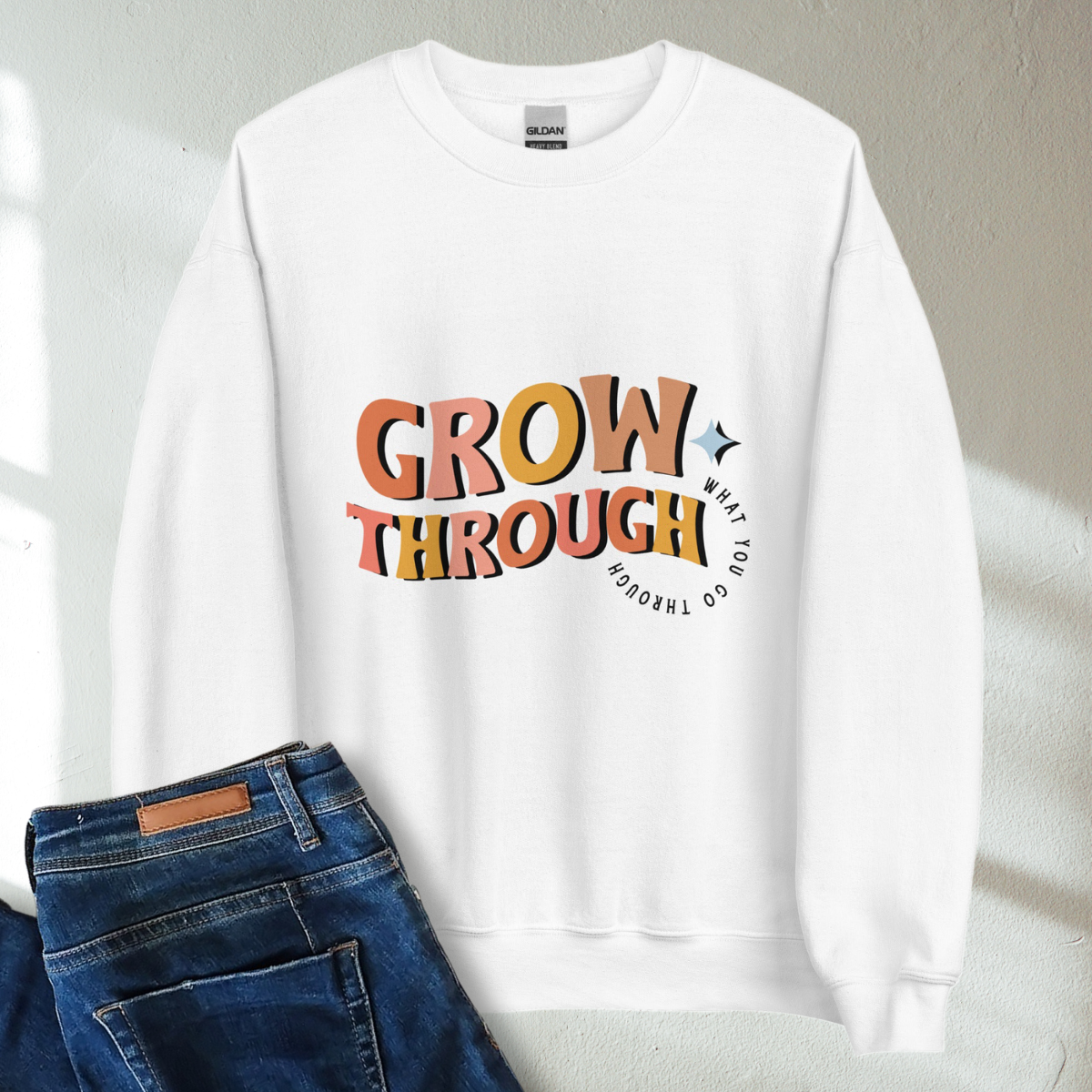 Grow Through What You Go Through Retro Mental Health Awareness Crew Neck Sweatshirt - Cozy & Inspirational