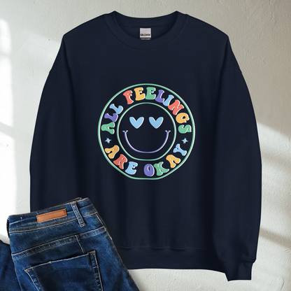 All Feelings Are Okay Retro Mental Health Awareness Crew Neck Sweatshirt - Cozy & Inspirational