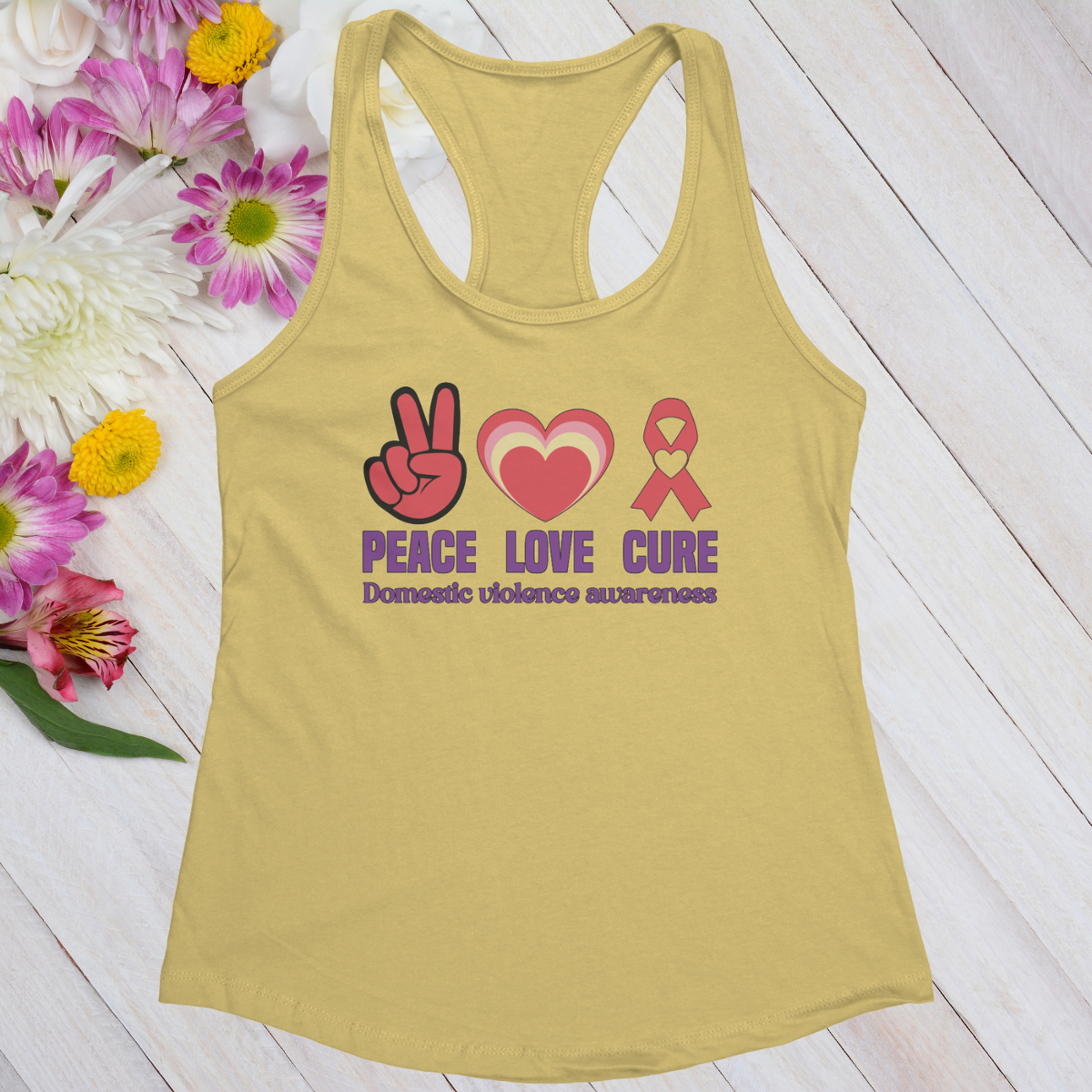 Peace Love Cure Domestic Violence Awareness Women's Ideal Racerback Tank