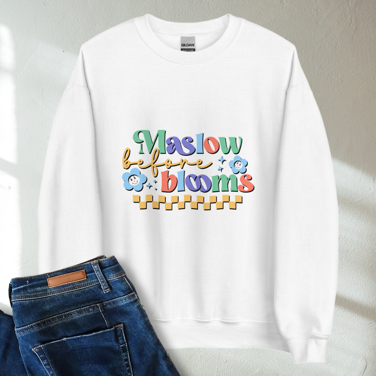 Maslow Before Blooms Retro Mental Health Awareness Crew Neck Sweatshirt - Cozy & Inspirational