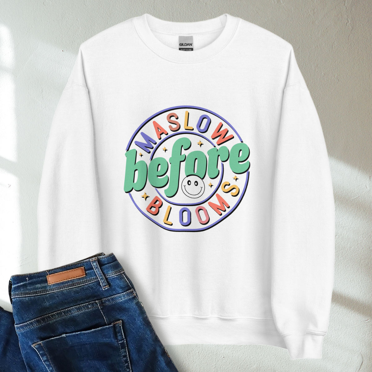 Maslow Before Blooms Retro Mental Health Awareness Crew Neck Sweatshirt - Cozy & Inspirational