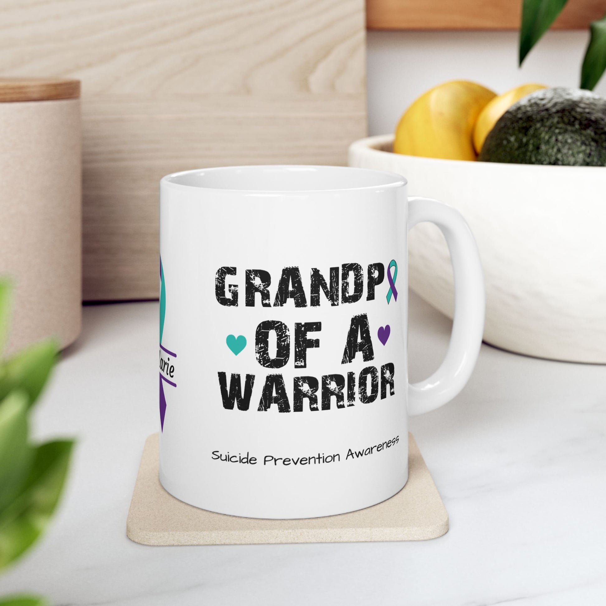 Grandpa of a Warrior - Personalized Suicide Prevention Awareness Gift, Empowerment and Resilience Ceramic Mug, Support for Survivors