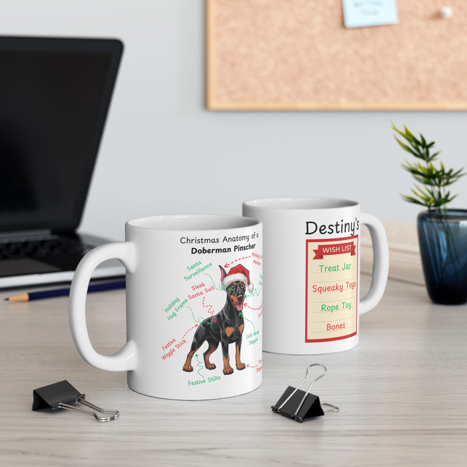 Doberman Pinscher (Black & Rust) Personalized Christmas Dog Anatomy Mug, Funny Holiday Gift for Dog Lovers, Festive Dog Breed Coffee Cup