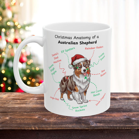 Australian Shepherd (Red Merle) Personalized Christmas Dog Anatomy Mug, Funny Holiday Gift for Dog Lovers, Festive Dog Breed Coffee Cup