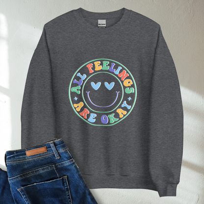 All Feelings Are Okay Retro Mental Health Awareness Crew Neck Sweatshirt - Cozy & Inspirational