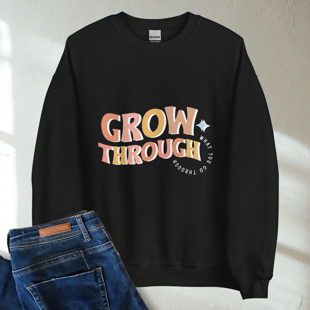 Grow Through What You Go Through Retro Mental Health Awareness Crew Neck Sweatshirt - Cozy & Inspirational