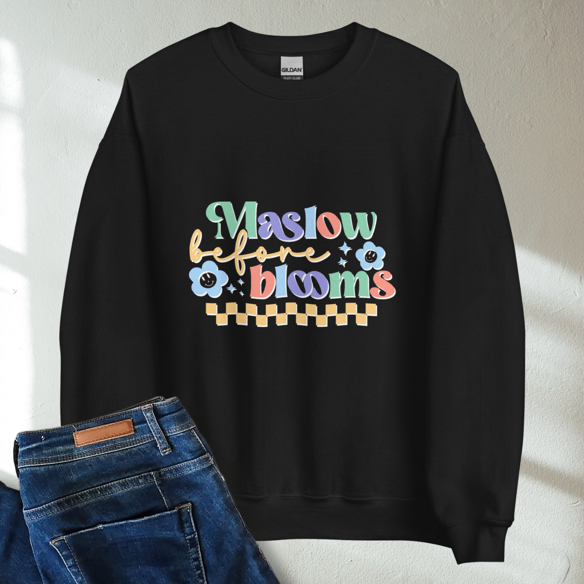 Maslow Before Blooms Retro Mental Health Awareness Crew Neck Sweatshirt - Cozy & Inspirational