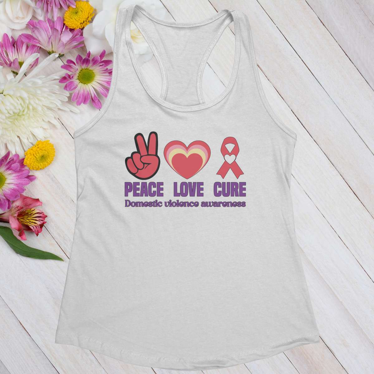 Peace Love Cure Domestic Violence Awareness Women's Ideal Racerback Tank