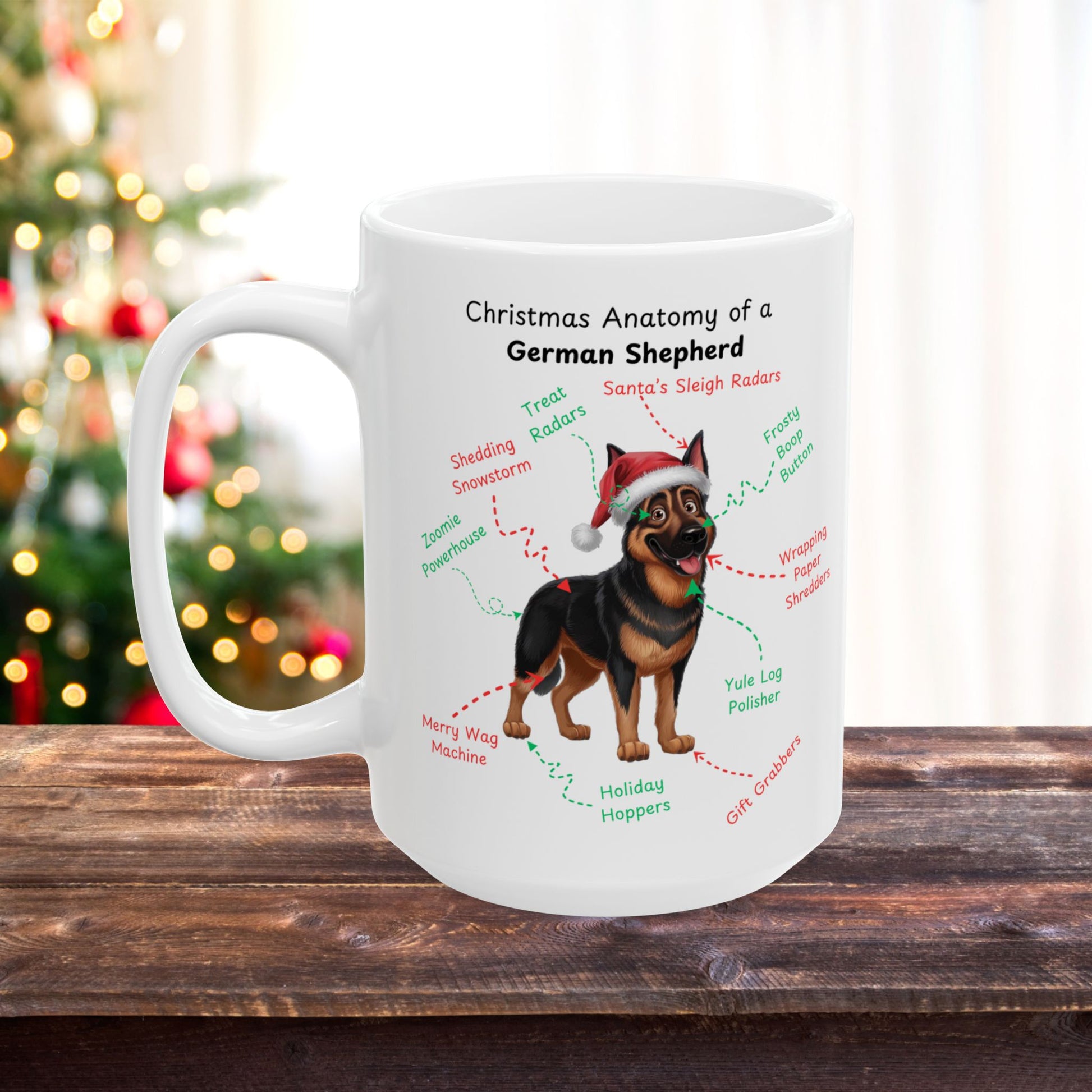 German Shepherd (Black & Rust) Personalized Christmas Dog Anatomy Mug, Funny Holiday Gift for Dog Lovers, Festive Dog Breed Coffee Cup