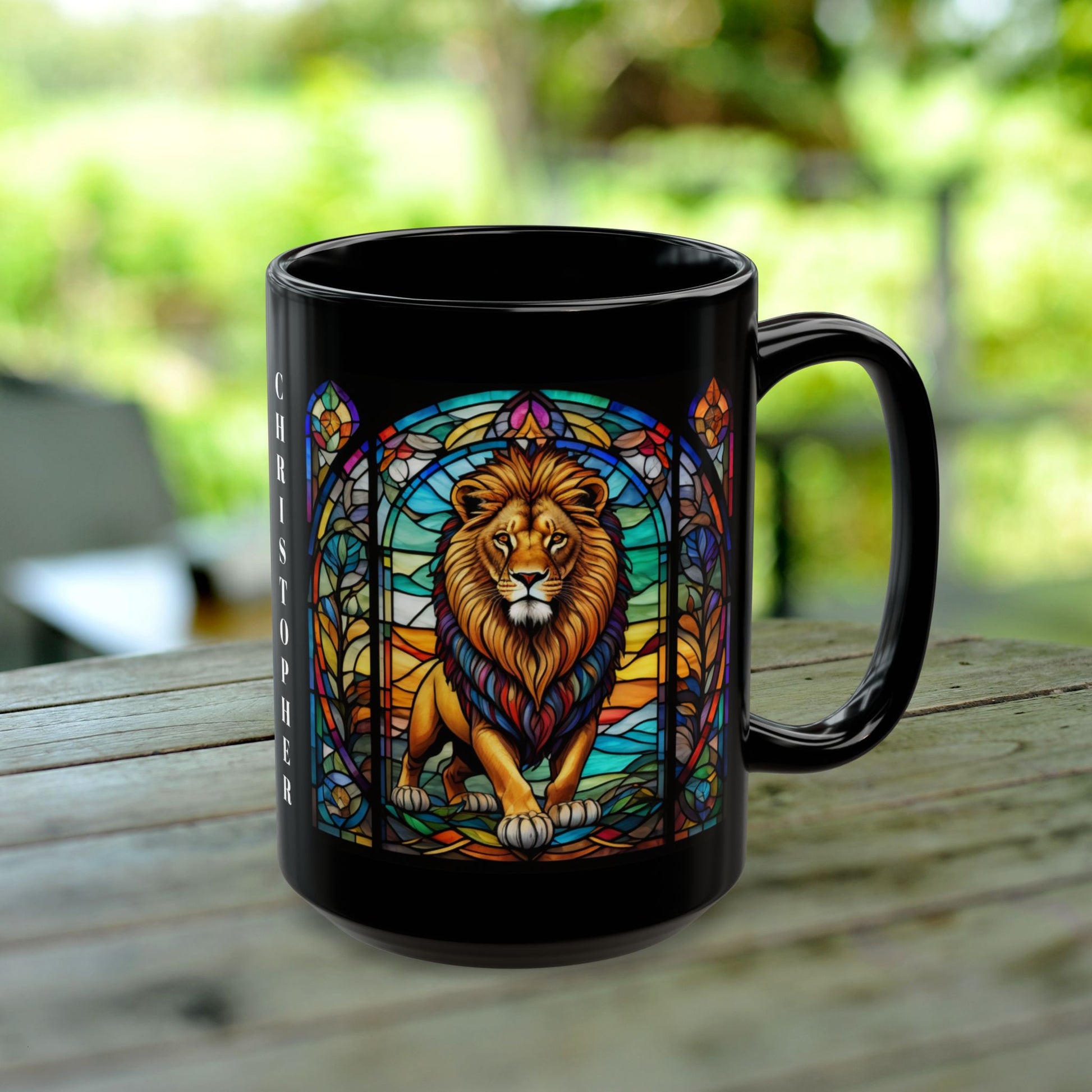 Lion Personalized Mug, Stained Glass Zoo Animal Design, Unique Ceramic Gift for Wildlife Lovers, Coffee, Tea, & Hot Chocolate Cup