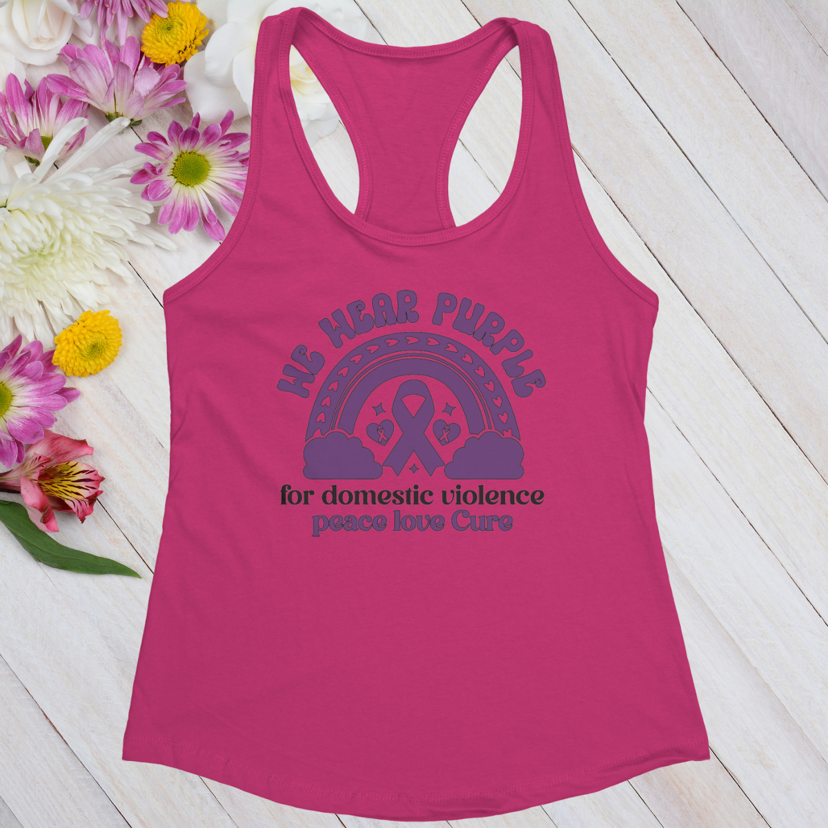 We Wear Purple for Domestic Violence Peace Love Cure Women's Ideal Racerback Tank