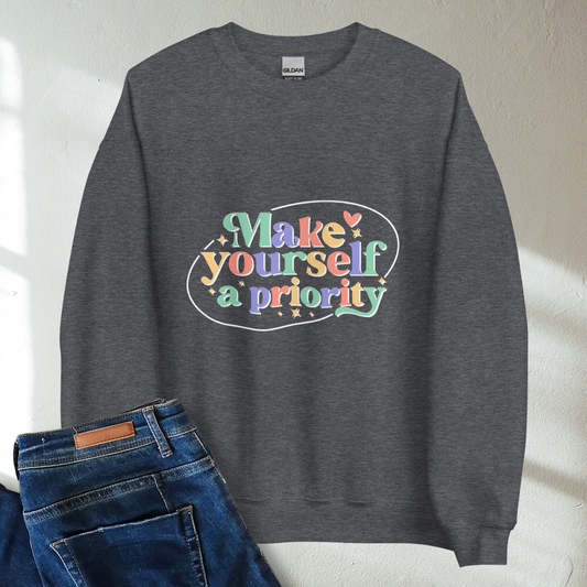 Make Yourself A Priority Retro Mental Health Awareness Crew Neck Sweatshirt - Cozy & Inspirational