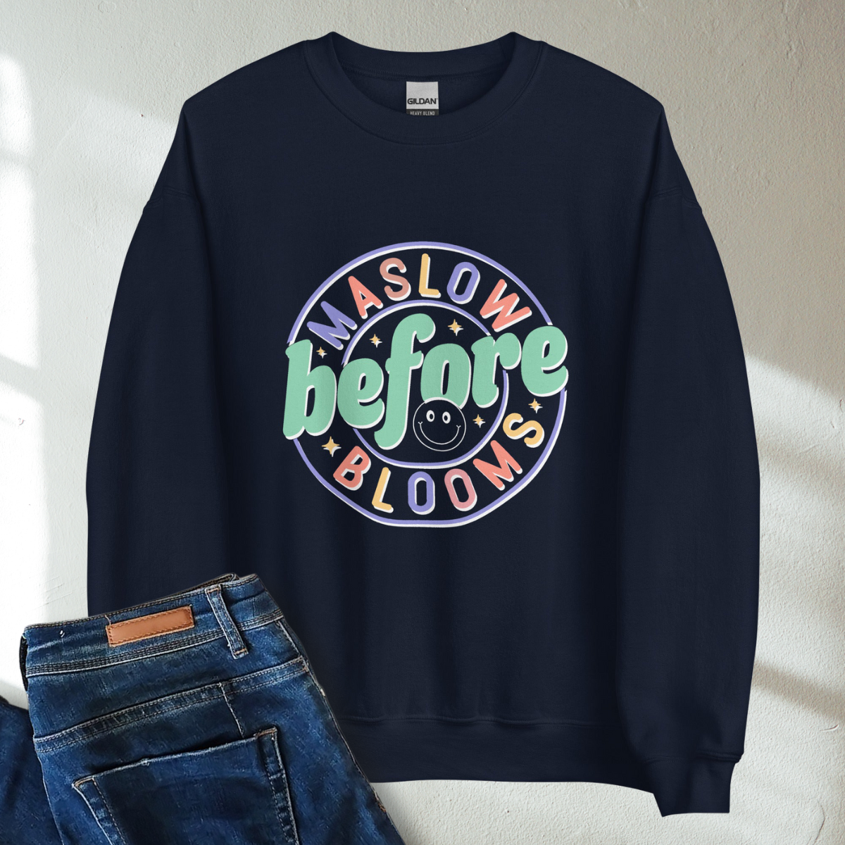 Maslow Before Blooms Retro Mental Health Awareness Crew Neck Sweatshirt - Cozy & Inspirational