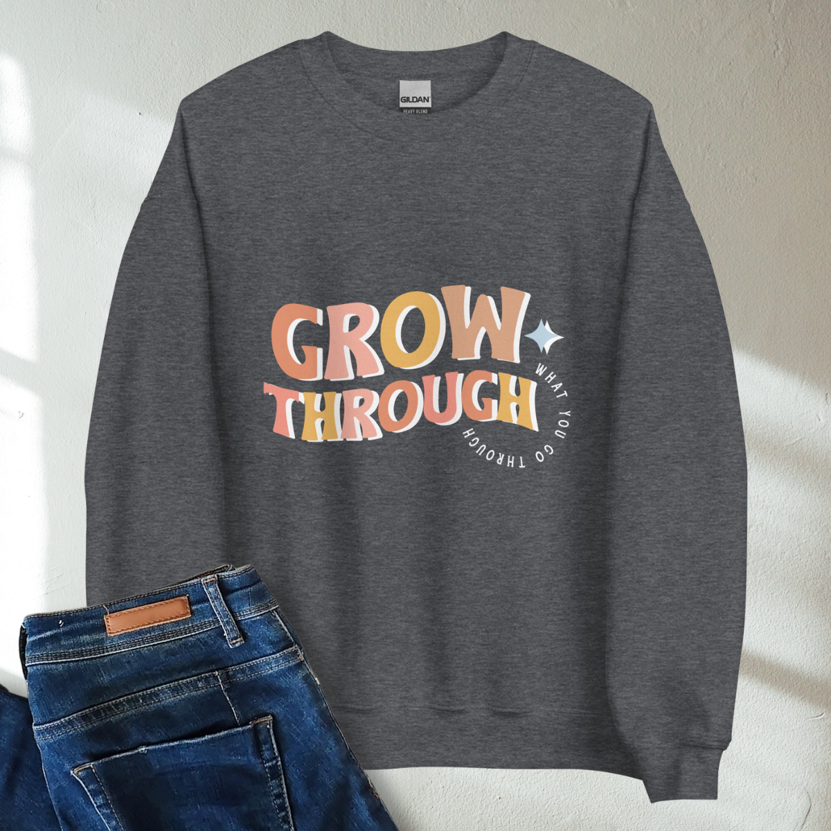 Grow Through What You Go Through Retro Mental Health Awareness Crew Neck Sweatshirt - Cozy & Inspirational