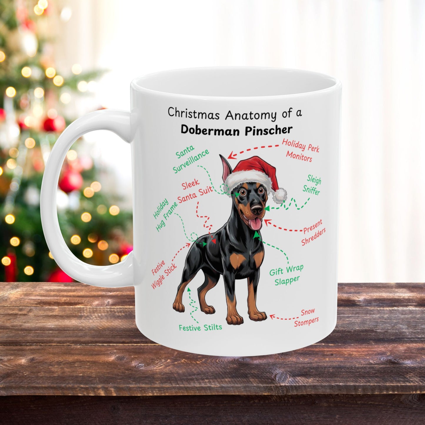 Doberman Pinscher (Black & Rust) Personalized Christmas Dog Anatomy Mug, Funny Holiday Gift for Dog Lovers, Festive Dog Breed Coffee Cup