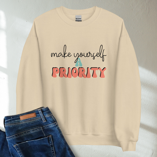 Make Yourself A Priority Retro Mental Health Awareness Crew Neck Sweatshirt - Cozy & Inspirational