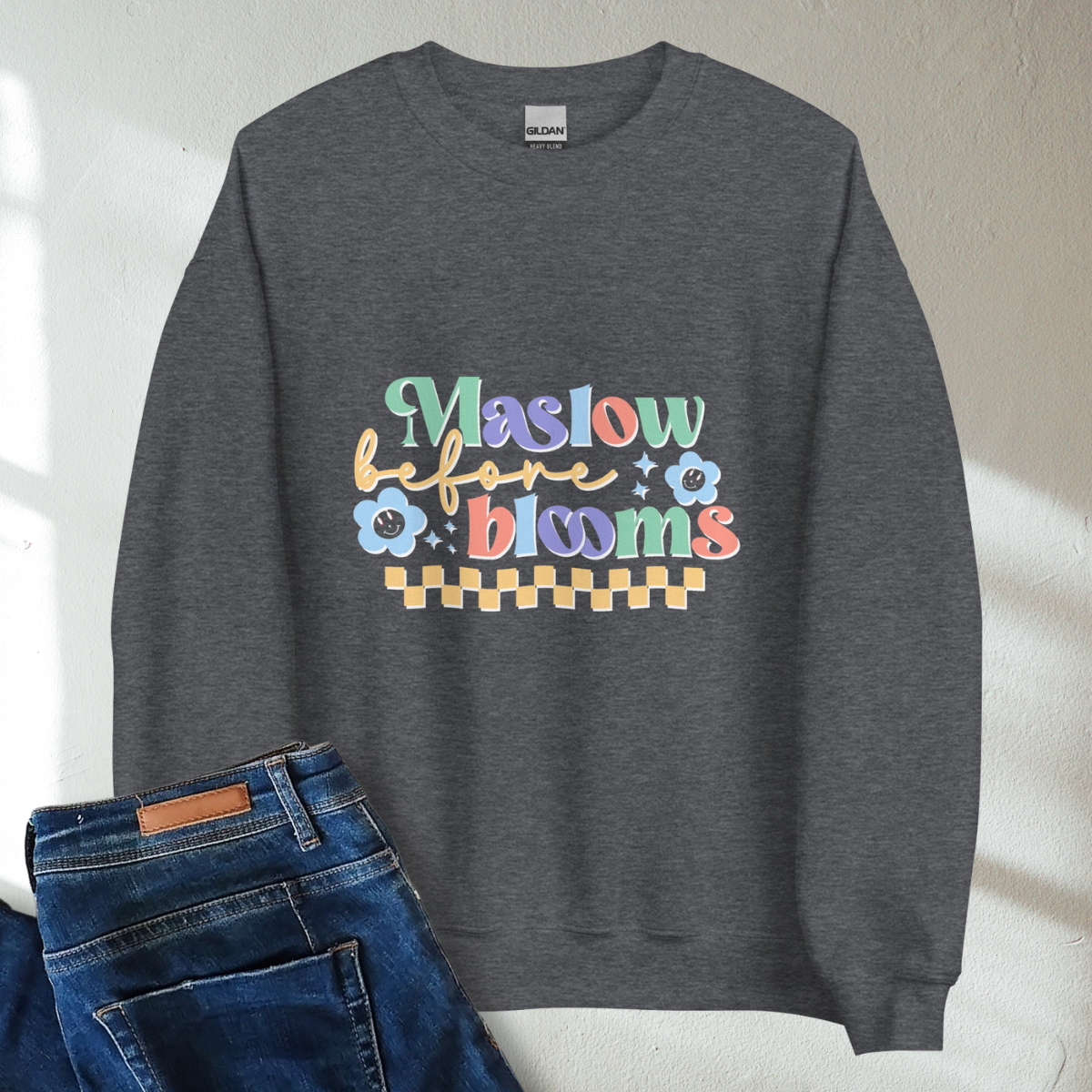 Maslow Before Blooms Retro Mental Health Awareness Crew Neck Sweatshirt - Cozy & Inspirational