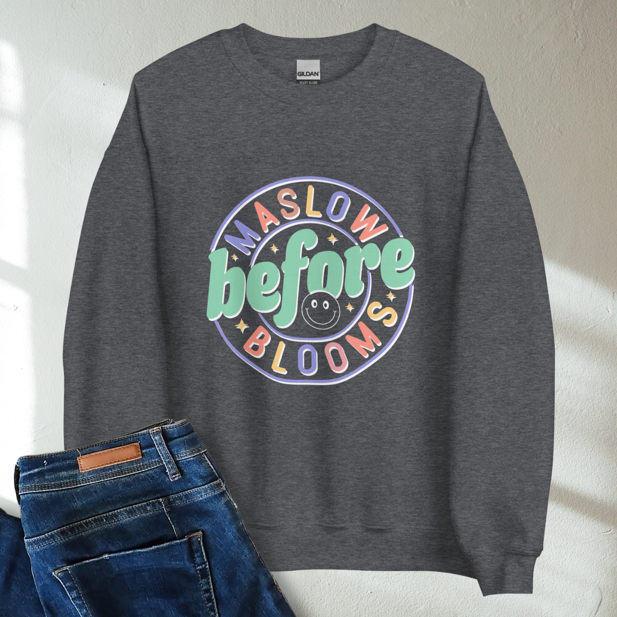 Maslow Before Blooms Retro Mental Health Awareness Crew Neck Sweatshirt - Cozy & Inspirational