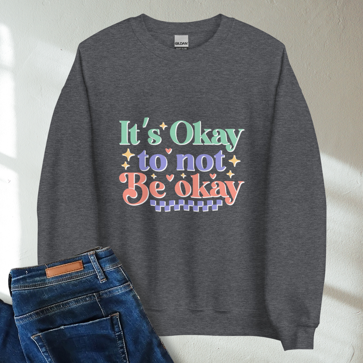 It's Okay To Not Be Okay Retro Mental Health Awareness Crew Neck Sweatshirt - Cozy & Inspirational