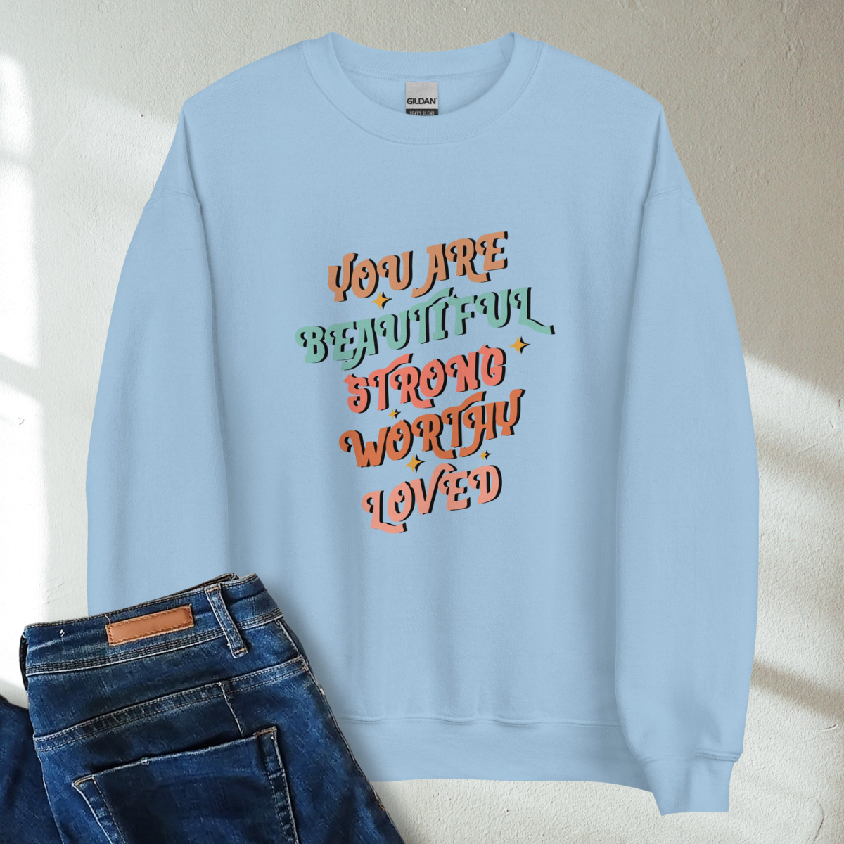 You Are Beautiful Strong Worthy Loved Retro Mental Health Awareness Crew Neck Sweatshirt - Cozy & Inspirational