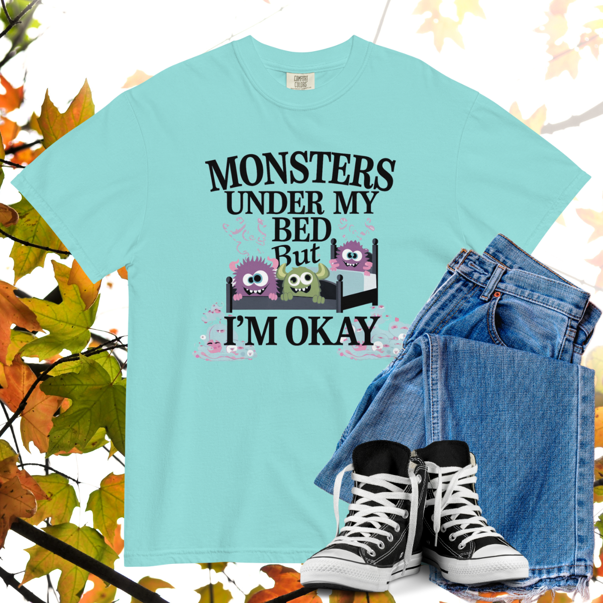 Monsters Under My Bed But I'm Okay Comfort Colors Heavyweight Halloween T-shirt