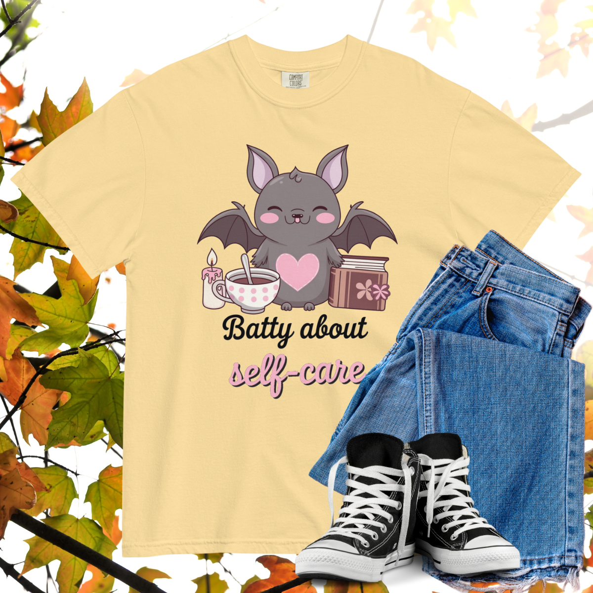 Batty About Self-Care Comfort Colors Heavyweight Halloween T-shirt