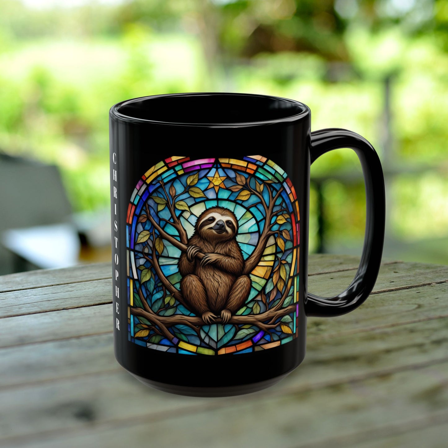 Sloth Personalized Mug, Stained Glass Zoo Animal Design, Unique Ceramic Gift for Wildlife Lovers, Coffee, Tea, & Hot Chocolate Cup