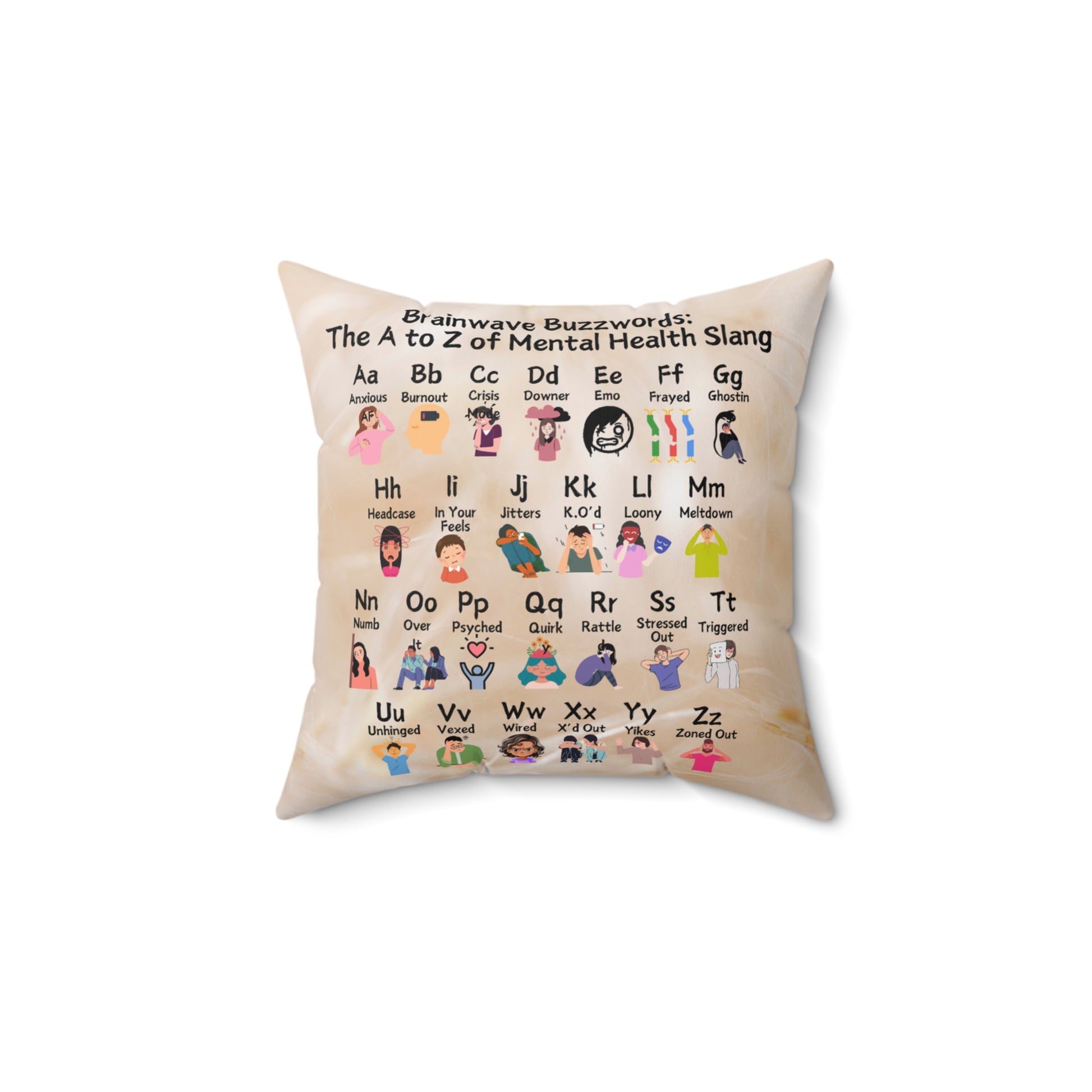 Brainwave Buzzwords: The A to Z of Mental Health Slang Spun Polyester Square Pillow