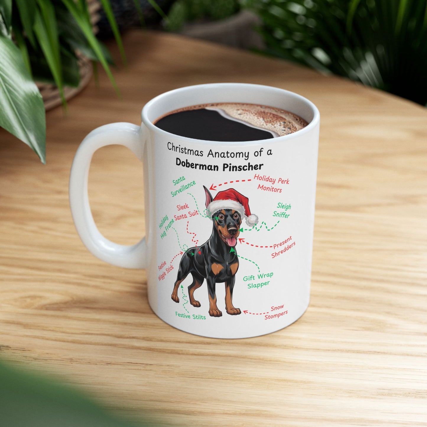 Doberman Pinscher (Black & Rust) Personalized Christmas Dog Anatomy Mug, Funny Holiday Gift for Dog Lovers, Festive Dog Breed Coffee Cup