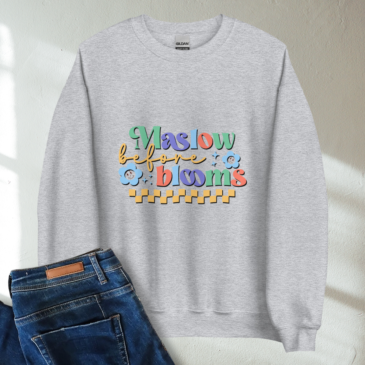 Maslow Before Blooms Retro Mental Health Awareness Crew Neck Sweatshirt - Cozy & Inspirational