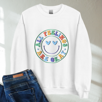 All Feelings Are Okay Retro Mental Health Awareness Crew Neck Sweatshirt - Cozy & Inspirational