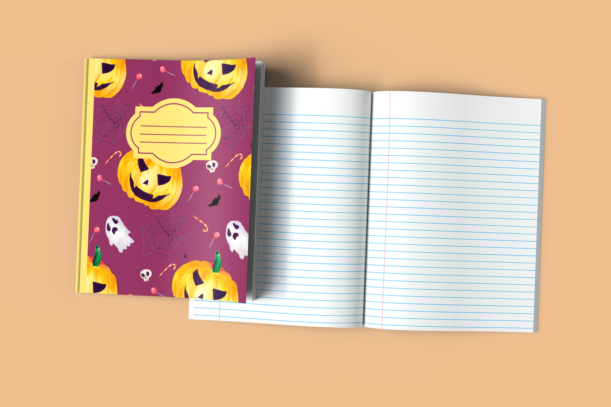 Halloween Composition Notebook (Plum) - Wide Ruled Halloween Notebook with Pumpkin Designs