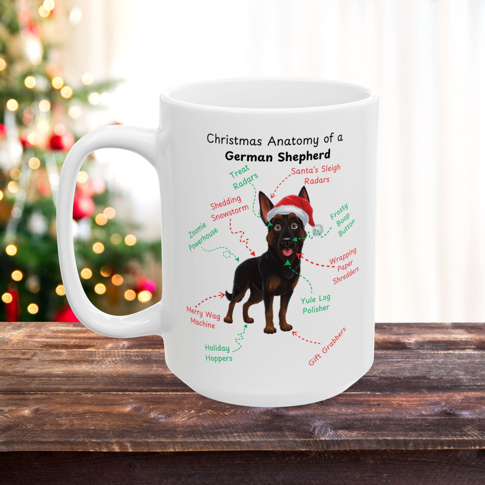 German Shepherd (Bi-Color) Personalized Christmas Dog Anatomy Mug, Funny Holiday Gift for Dog Lovers, Festive Dog Breed Coffee Cup