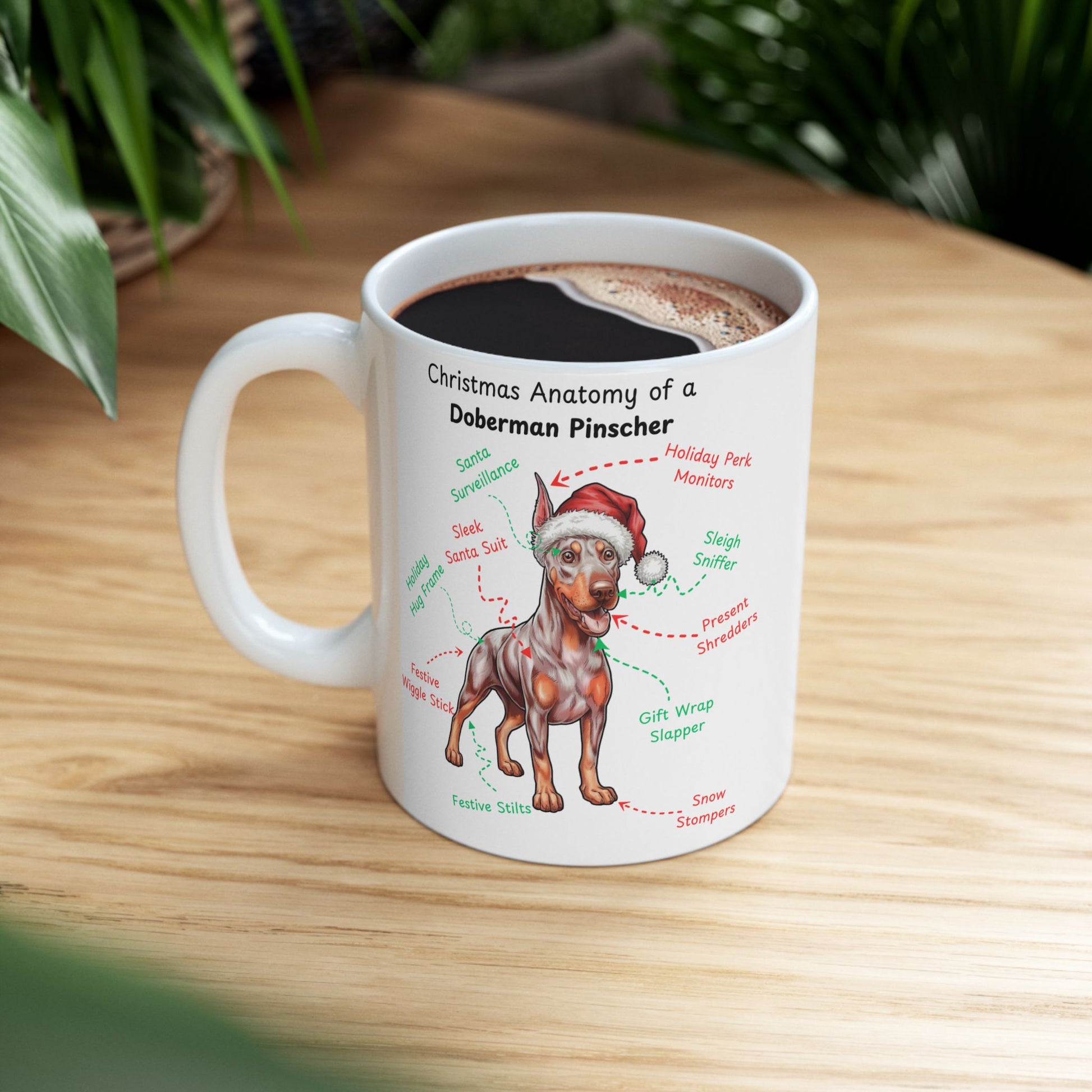 Doberman Pinscher (Fawn/Isabella & Rust) Personalized Christmas Dog Anatomy Mug, Funny Holiday Gift for Dog Lovers, Festive Dog Breed Coffee Cup