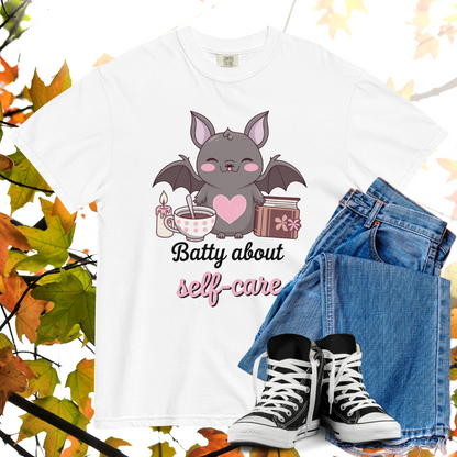 Batty About Self-Care Comfort Colors Heavyweight Halloween T-shirt