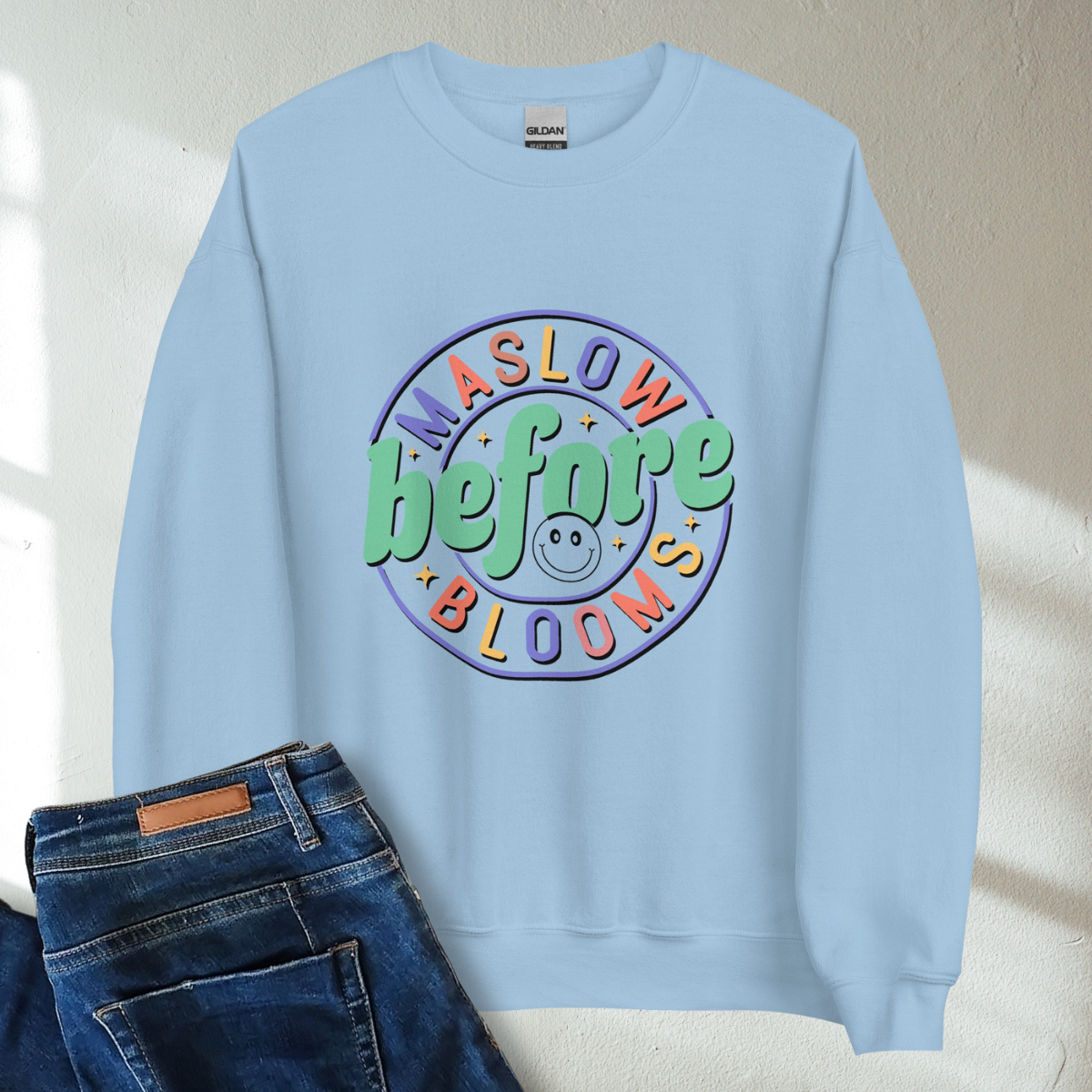 Maslow Before Blooms Retro Mental Health Awareness Crew Neck Sweatshirt - Cozy & Inspirational