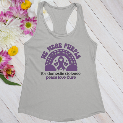 We Wear Purple for Domestic Violence Peace Love Cure Women's Ideal Racerback Tank