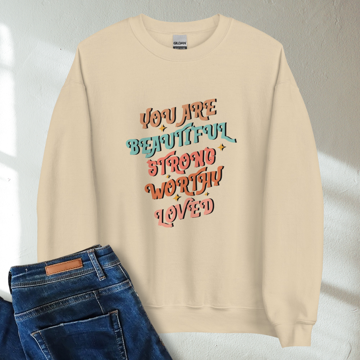 You Are Beautiful Strong Worthy Loved Retro Mental Health Awareness Crew Neck Sweatshirt - Cozy & Inspirational