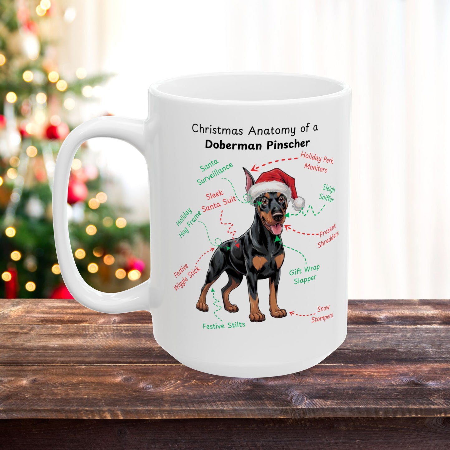 Doberman Pinscher (Black & Rust) Personalized Christmas Dog Anatomy Mug, Funny Holiday Gift for Dog Lovers, Festive Dog Breed Coffee Cup