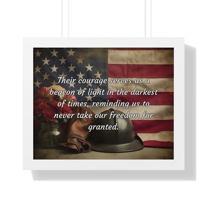 Their courage serves as a beacon of light in the darkest of times, reminding us to never take our freedom for granted - Memorial Day Framed Horizontal Poster