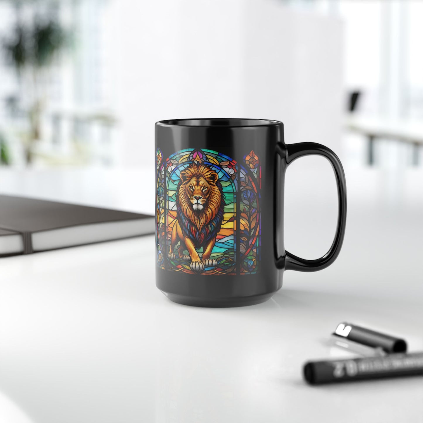 Lion Personalized Mug, Stained Glass Zoo Animal Design, Unique Ceramic Gift for Wildlife Lovers, Coffee, Tea, & Hot Chocolate Cup