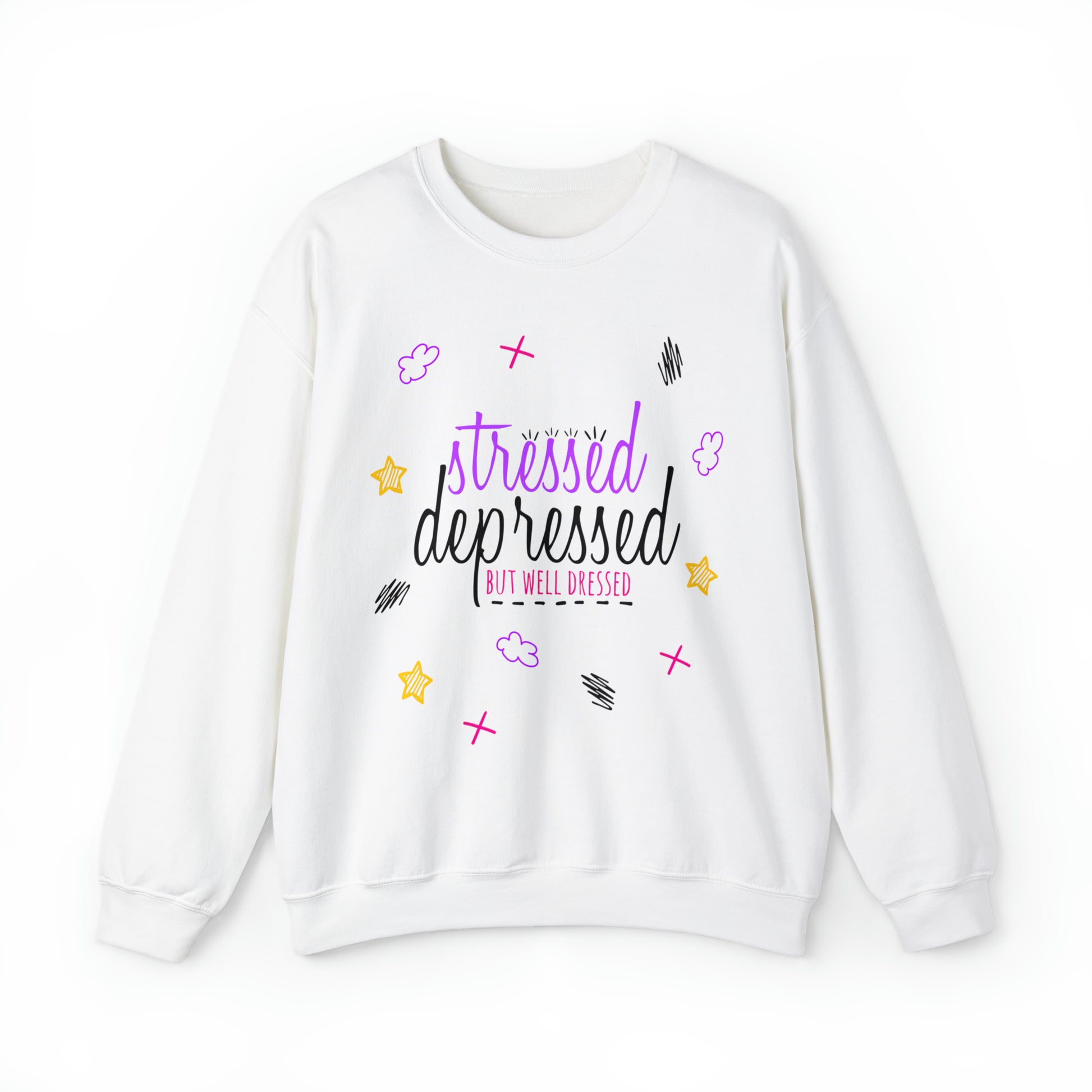 Stressed Depressed But Well Dressed - Depression Awareness Unisex Gildan 18000 Heavy Blend Crewneck