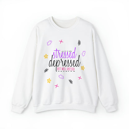 Stressed Depressed But Well Dressed - Depression Awareness Unisex Gildan 18000 Heavy Blend Crewneck