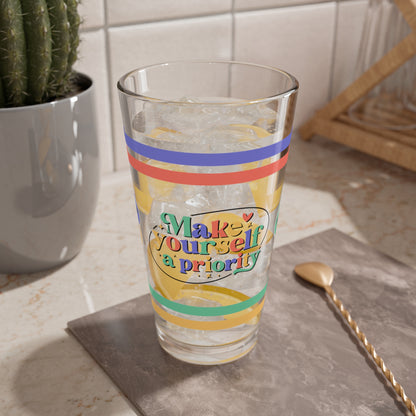 Make Yourself A Priority Retro Pint Glass - 16oz Mental Health Drinkware, Clear Glass for Beverages