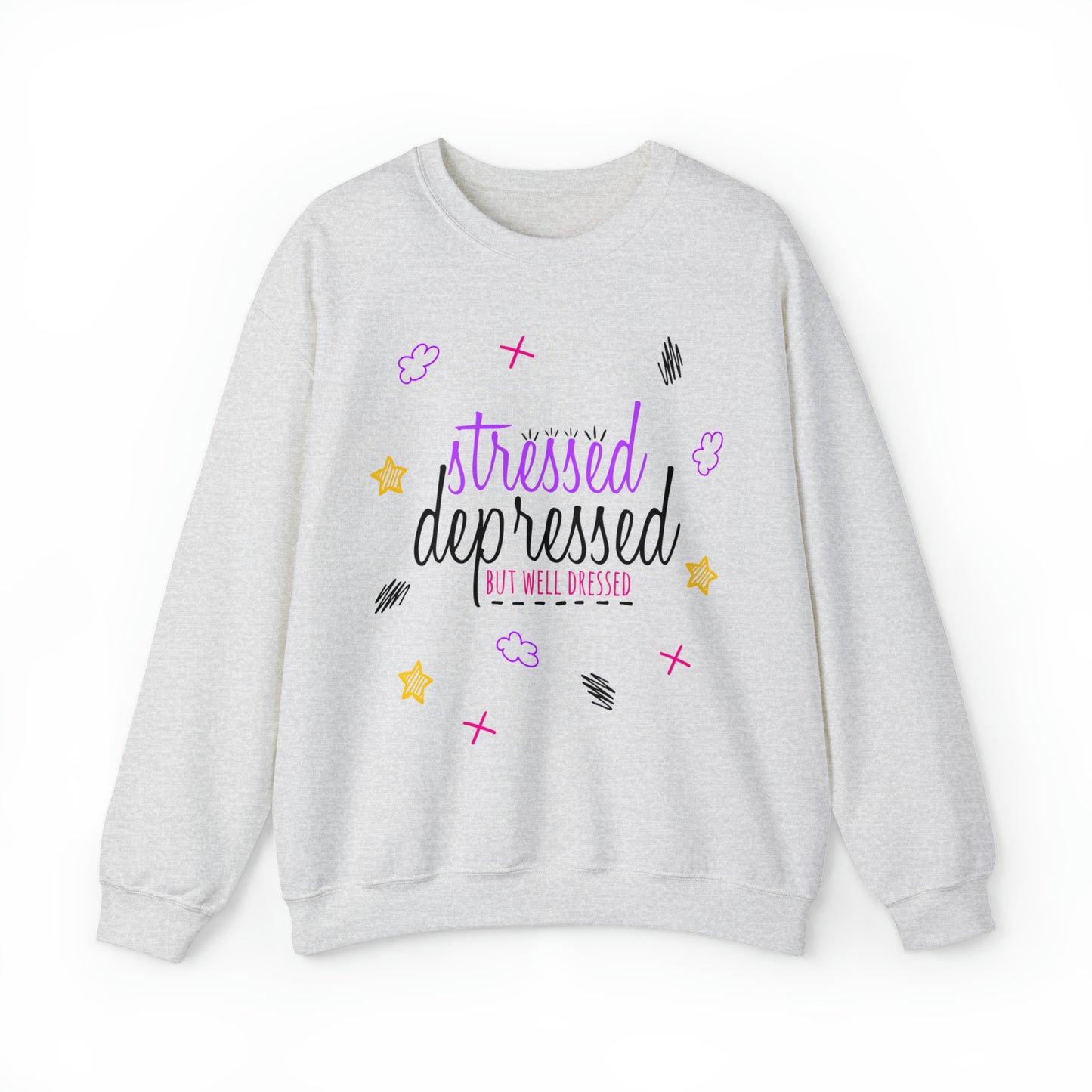 Stressed Depressed But Well Dressed - Depression Awareness Unisex Gildan 18000 Heavy Blend Crewneck