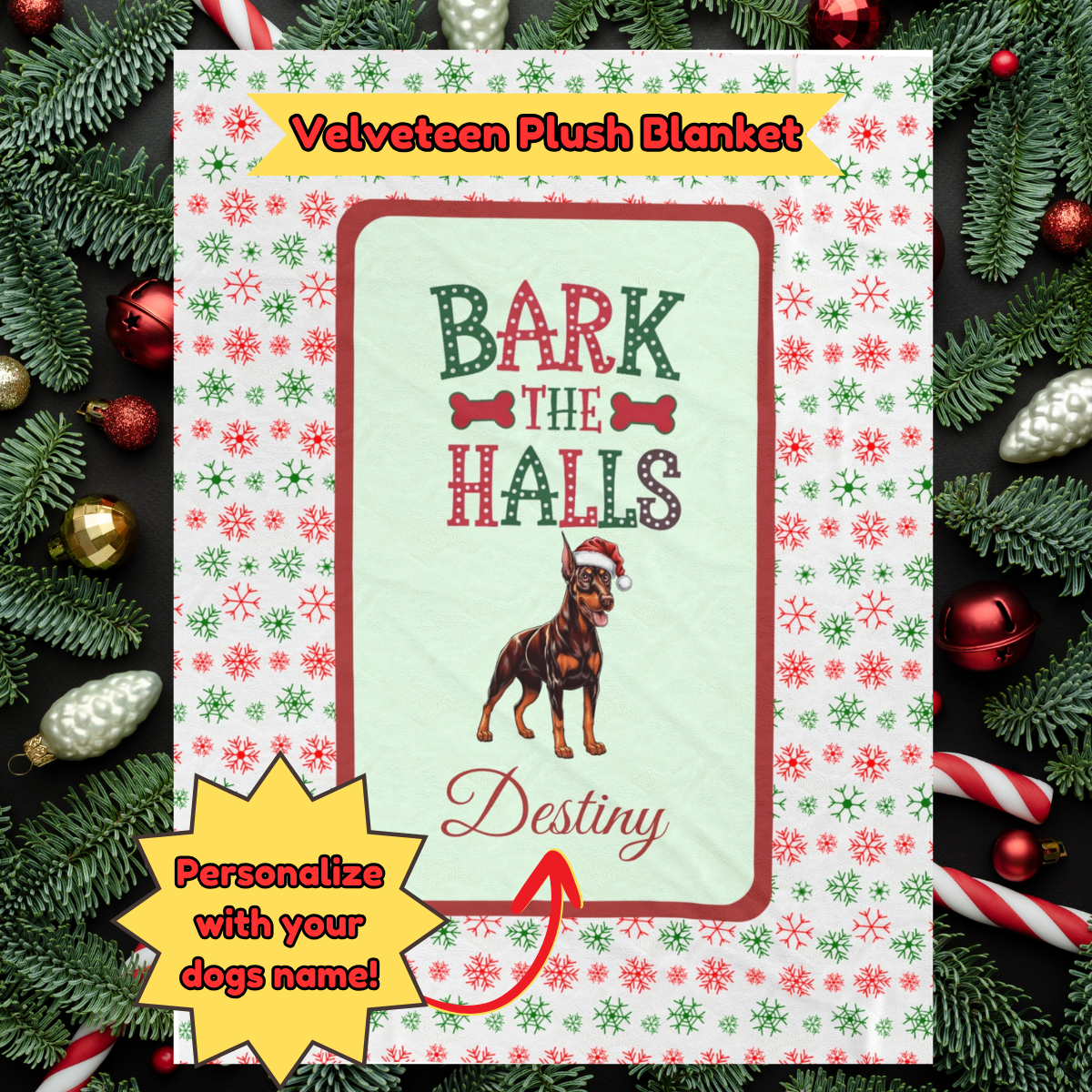 Doberman Pinscher (Red & Rust) Personalized Velveteen Plush Blanket - "Bark The Halls" | Cozy Holiday Gift for Dog Lovers