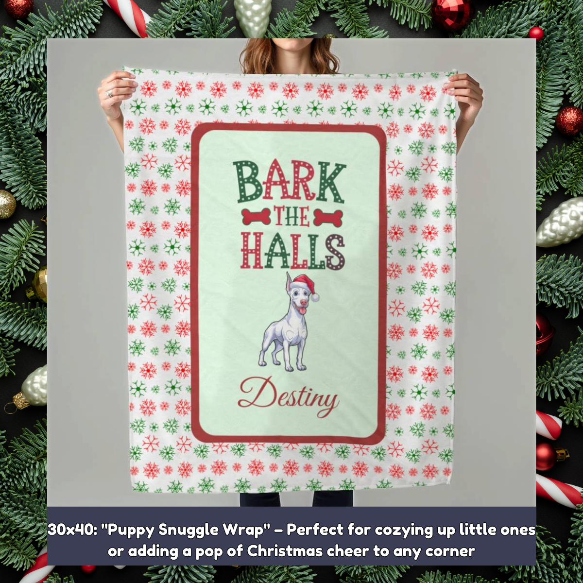 Doberman Pinscher (White) Personalized Velveteen Plush Blanket - "Bark The Halls" | Cozy Holiday Gift for Dog Lovers