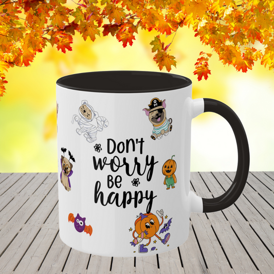 Don't  Worry Be Happy - Halloween Affirmation Mug - 11oz Ceramic Coffee Cup with Positive Quotes & Cute Vibes